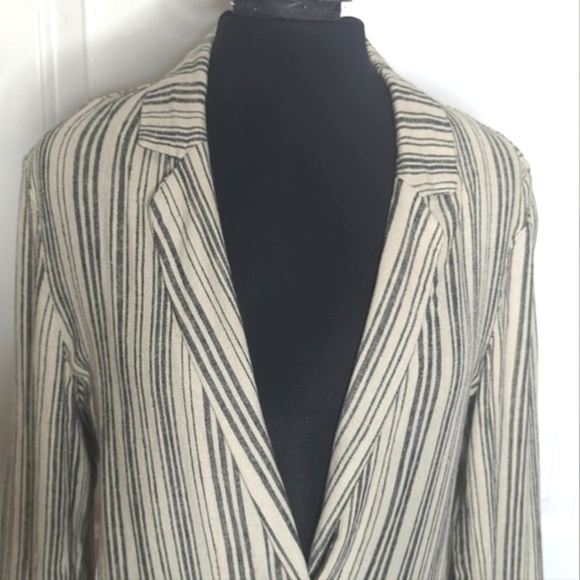 Sanctuary Linen Blend Gray Cream Striped Lightweight Blazer w Pockets M - Picture 2 of 12